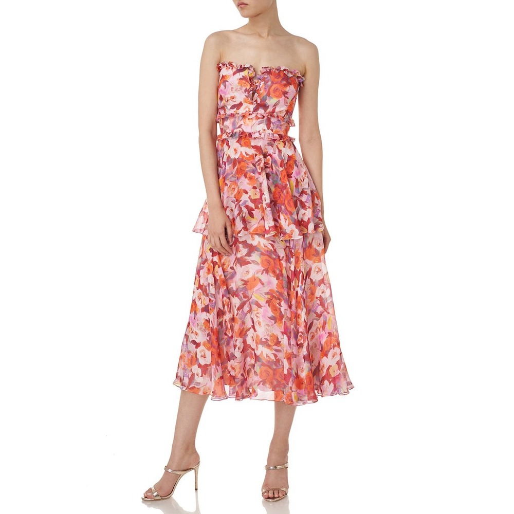 AMUR Darla Strapless Midi Dress Silk Tiered Ruffle Floral Pink Orange 6